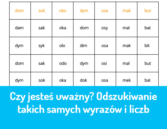 Czy jesteś uważny? Odszukiwanie takich samych wyrazów i liczb